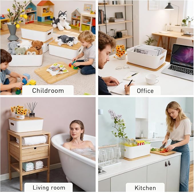 Citylife Storage Bins with Bamboo Lids 16QT Plastic Storage Containers Stackable Organizer Boxes with Handle for Desk Snacks, Toys, 4 PCS, 15" L x 10.6" W x 5.8" H