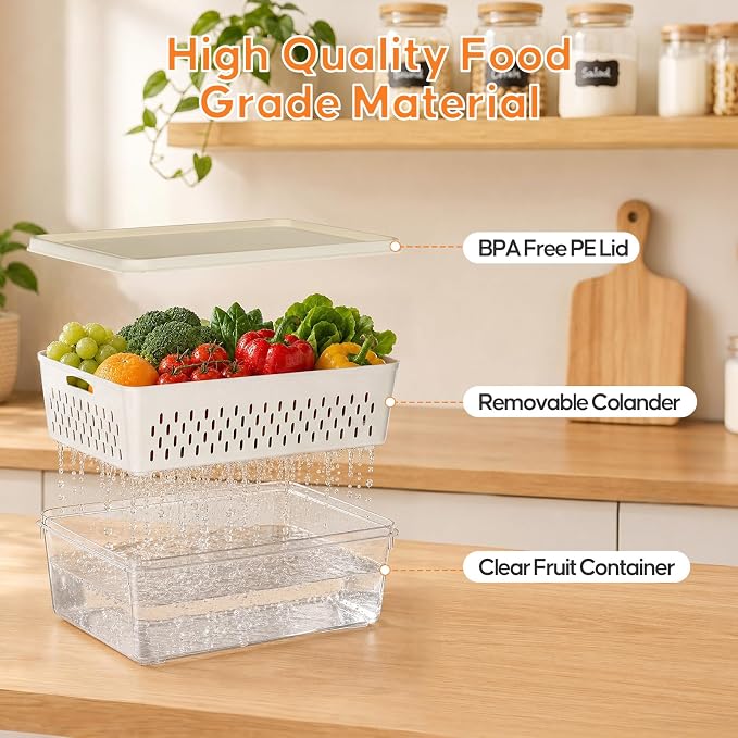JSCARES Fruit Storage Containers for Fridge with Soft Lid - 4 Pack Food Storage Container with Removable Colander, Airtight Produce Saver Containers Keep Berry, Fruits, Vegetables, Meet Fresh Longer