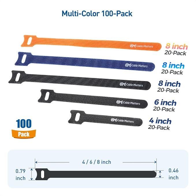 Cable Matters 100-Pack Hook-and-Loop Reusable Cable Ties, 4/6/8 Inches | 42 Lbs Tensile Strength, Multi-Color, Cable Straps, Cord Organizers and Cord Management Ties