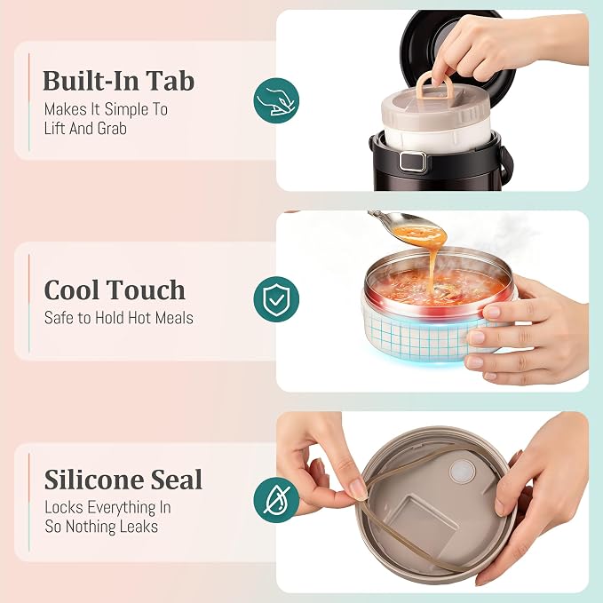 67oz Insulated Food Container with 3 Separate Bowls for Adults | Insulated Lunch Bag, One-Touch Lid, Leakproof Containers, Vacuum Insulated Stainless Steel, Keeps Food Hot For Work Travel