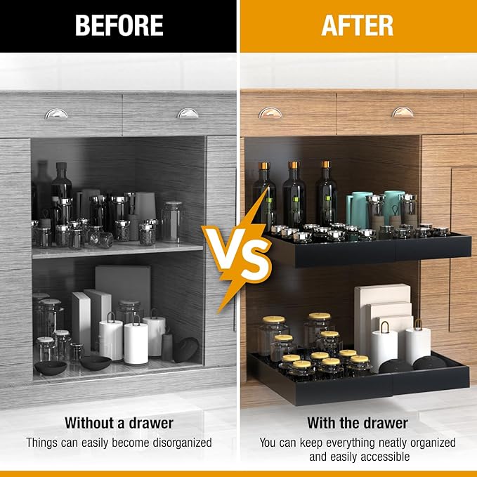 Expandable Pull Out Drawers for Cabinets (Black): Kitchen and Pantry Organizer, Sliding Cabinet Organizer with Adhesive, Under Sink and Pots Storage, 12.5"-20.5". Adjustable Shelf Solution