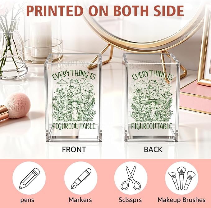 Everything Is Figureoutable Acrylic Pencil Holder Cup | Motivational Frog Gifts for Coworker Friend Frog Lover, Inspirational Home Office Desk Organizer for Boss Teacher Student