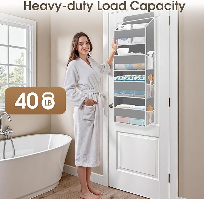 SpaceHacks 2 Pack Over The Door Organizer, Hanging Storage Organizer with Clear Window, 40lb Ultra Sturdy Large Capacity Room Organizer for Pantry Laundry Bathroom Nursery Closet (Grey)