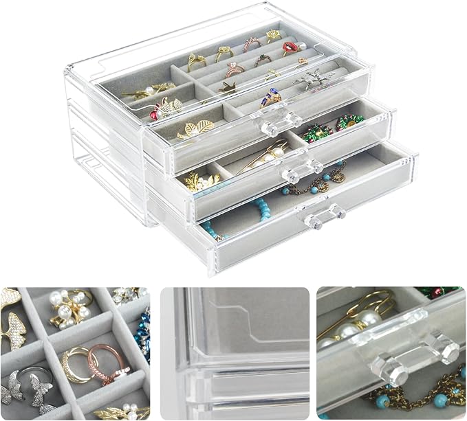 Weiai Acrylic Jewelry Box Organizer 3 Drawer Earring Storage Case Tray for Women
