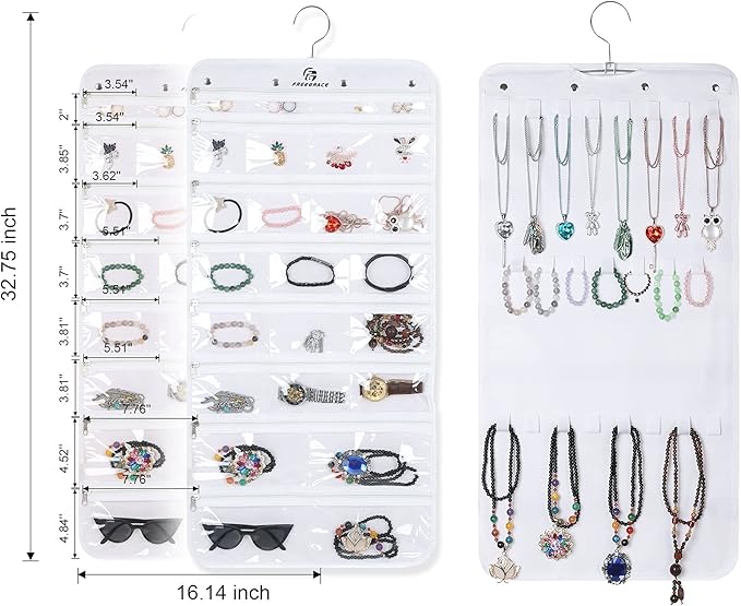 Freegrace Hanging Jewelry Organizer with Secure Zipper Closure - 360° Revolving Hanger, 25 Clear Pockets, 23 Necklace Hooks - Foldable Travel Storage & Closet Display (White)