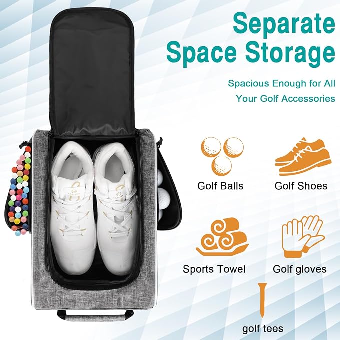 Wolt 2 Pcs Golf Shoe Bag for Travel- Zippered Shoes Carrier Bags with Ventilation & Double Outside Accessory Pocket for Socks, Tees, Golf Balls, Etc. for Women and Men (Black+Grey)