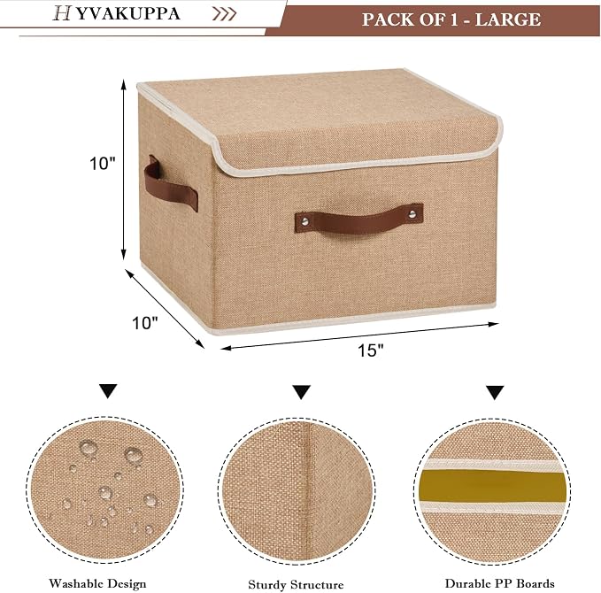 Collapsible Storage Boxes Baskets with Lid Cotton Linen Fabric Storage Bins with Faux Leather Handles Decorative Washable Cube Organizer Container for Home Closet Bedroom (Linen, Large Size)