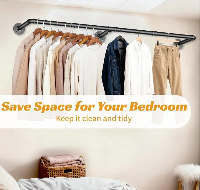 60 INCH Industrial Pipe Clothes Rack,Wall Mounted Clothes Rack,Metal | 150lbs Max Heavy Duty Clothing Rack,Powder Coating Surface,Space-Saving Hanging Rod for Laundry Room,Bedroom,Closet Storage