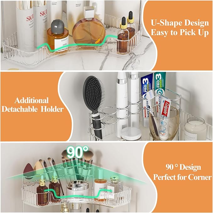 SUNZOS 3-Tier Corner Bathroom Counter Organizer, Bathroom Organizer Countertop with Makeup Brush Holder, Vanity Makeup Cosmetic Storage, Corner Storage for Kitchen, Dresser
