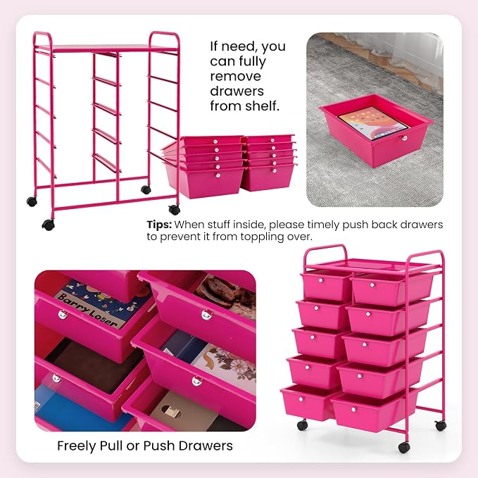 Giantex 10 Drawers Rolling Cart, Classroom Organizers, Storage Cart with Wheels, for Teacher Office Home School Supplies Tool Craft Art Paper, Hot Pink