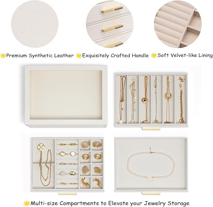 VLANDO 3-Drawer Jewelry Box with Glass Lid, Faux Leather Organizer for Rings Earrings Necklaces and More, Gift-Ready Jewelry Case for Women Girls or Moms, Beige