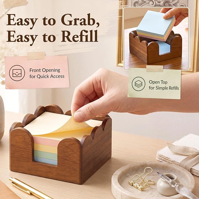 AceOrbit Scalloped Wooden Sticky Note Holder, 3x3 Inch Cute Notepad Holder Sticky Note Dispenser with Wave Design, Thick Desk Organizer for Office, Home, Dorm, Classroom Desk