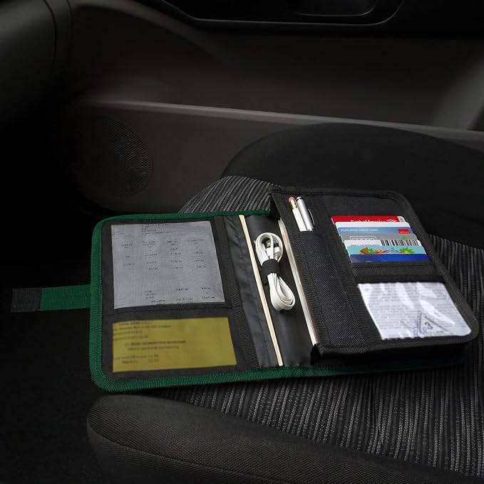 PlusXpres Glove Box Compartment Organizer - Car Document Holder - Green | Owner Manual Case Pouch, Vehicle Storage Wallet for Registration and Insurance Card, Auto Paperwork Holder, Log Book included