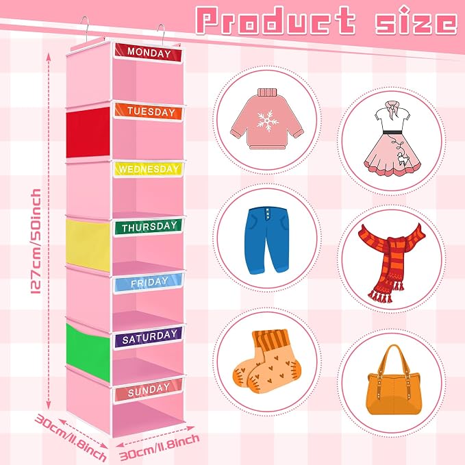 Amylove 2 Pcs 7 Shelf Weekly Clothes Organizer for Kids Hanging Closet Organizer 11. 8 x 11. 8 x 50 Inches Daily Activity Kids Clothes Storage Drawers Cube Drawers Closet Hanging Shelves(Pink)