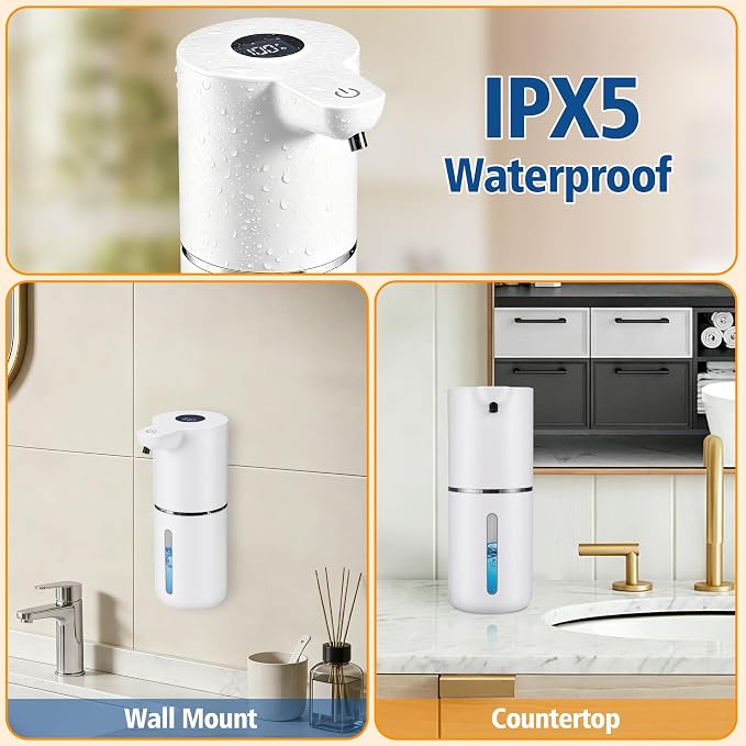 Automatic Foaming Soap Dispenser, Touchless, 350ml, White | Rechargeable Foam Soap Dispenser with Digital Display, 4 Adjustable Foam Levels, 11.8 oz Countertop or Wall Mounted