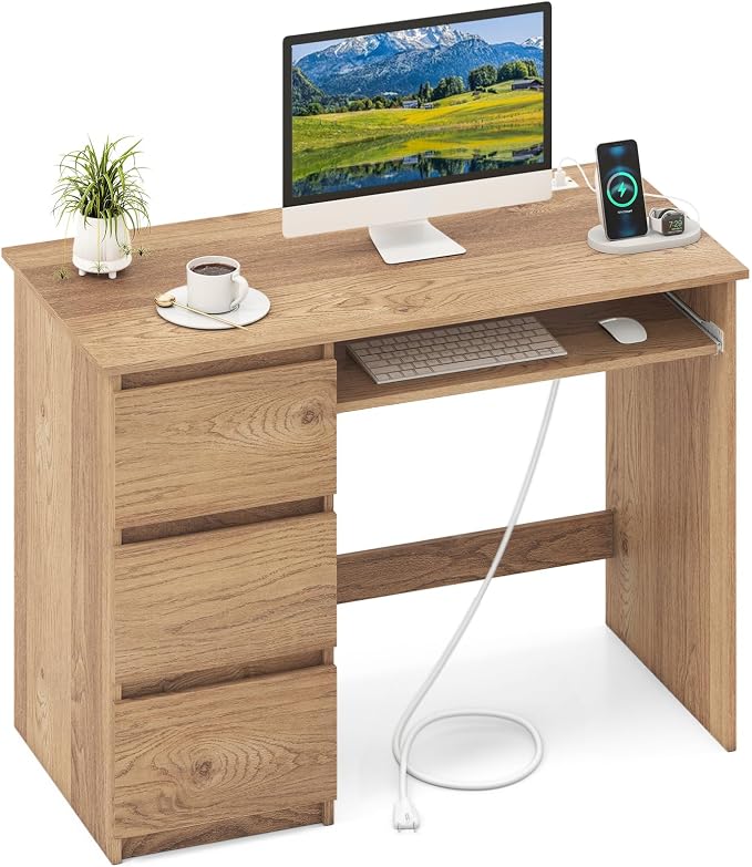 GOFLAME Computer Desk with 3 Drawers & Charging Station, 42” Home Office Desk with Storage & Keyboard Tray, Writing Desk PC Workstation Vanity Table (Natural)