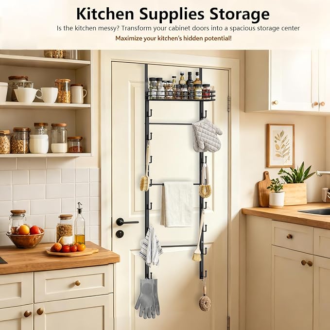 Over The Door Purse Organizer Black | Metal Hanging Handbag Storage with 16 Hooks & Metal Frame Basket, Wall Mounted Bag Holder Can Use As 1/2 Part
