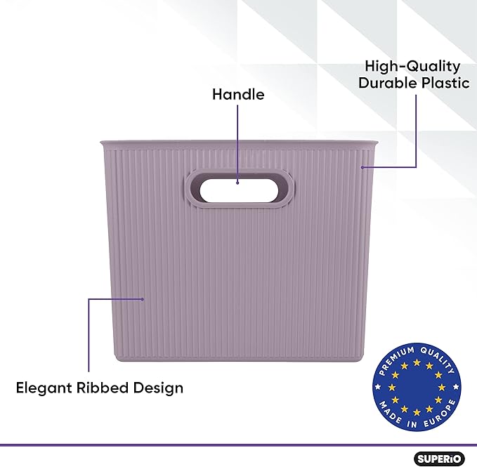 Superio Ribbed Collection - Decorative Plastic Basket Open Home Storage Bins Organizer, X-Large Lilac Purple (6 Pack) Container Boxes for Organizing Closet Storage Bins for Shelves 22 Liter/23 Quart