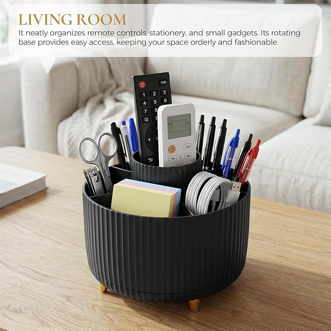 KONVINIT Pencil Pen Holder for Desk, 5 Slots 360 - Degree Rotating Desktop Organizer, Cute Desk Organizers and Accessories for School, Home, Office and Art Supply, Black