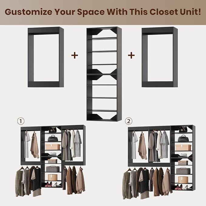 ROOMTEC Modular Closet System, 72" Wall-Mounted Closet Organizer with Hanging Rods and Shelves, Wooden Tower for Walk-In Closets, Wardrobe Storage Kit, Black