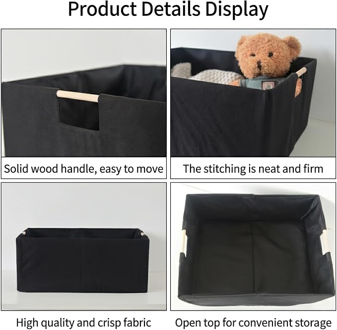 1Pcs Black basket Black Storage Baskets Linen Decorative Storage Bins with Wooden Handles Foldable Rectangular Storage for Shelves, Closets, Home, Office
