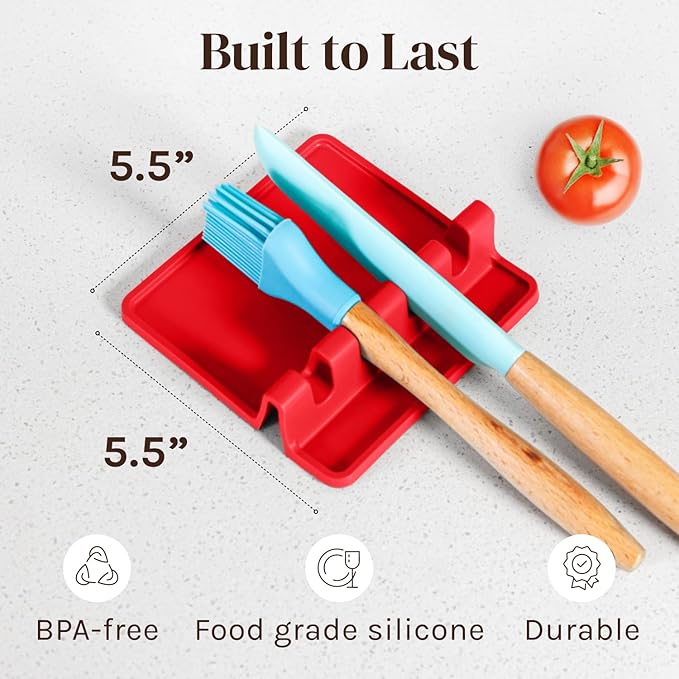 Cooler Kitchen Red Silicone Spoon Rest for Stove Top with Drip Pad (Two Pack) - Heat-Resistant, BPA-Free Utensil Rest & Spoon Holder for Kitchen Counter - Grill Utensil Holder for Spatulas