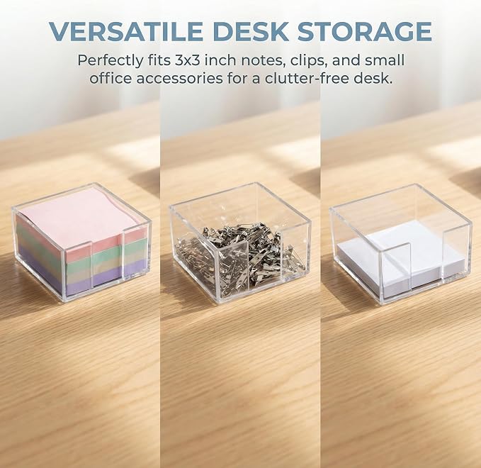 Acrylic Sticky Note Holder, 3x3 Crystal Clear Notepad Holder | with Anti-Slip Base Sticky Note Dispenser for School Dorm Home and Office Organizer