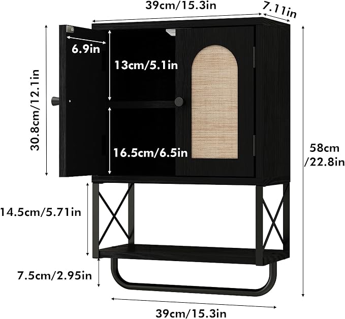 RUSTOWN Rattan Bathroom Wall Cabinet, Boho Over The Toilet Storage Cabinet | Arched Rattan Doors, Modern Medicine Cabinet, Adjustable Shelves, Towel Bar, Black
