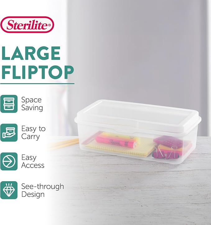 Sterilite 18-Pack FlipTop Stackable Rectangular Storage Bin with Hinging Lid, Clear | Bin with Hinged Lid, Stackable Multipurpose Organizer for Art & Craft Supplies, Accessories, Photos & CDs, Home or Office Use