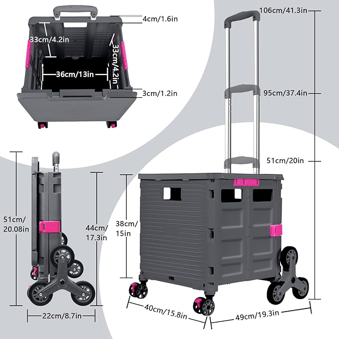 Foldable Utility Cart Portable Crate Rolling Dolly with Telescopic Handle,Can be Pulled diagonally, Magnetic Retractable Lid, 360°Swivel Climbing Wheels for Shopping Carrying Groceries Move Grey