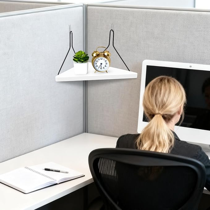 Fabric Wall Cubicle Corner Shelf with Hooks 11.8 Inch Wooden Triangular Cubicle Corner Shelf for Office Fabric Walls Display Storage Hanging Organizer for Work Decor Small Planter(White，1 PCS)