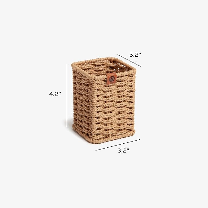 U Brands Woven Pencil Cup, Rattan-Inspired Wicker Style Office Organization Supplies, Natural Wood, 1 Count
