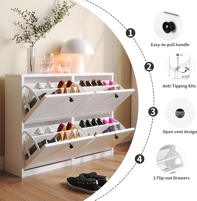 VOWNER Shoe Cabinet with 4 Flip Drawers, Freestanding Shoe Storage Cabinet with Adjustable Shelf & Anti-Tipping Device, Shoe Rack for Entryway, Hallway, Living Room (White) | 4 Flip Drawers