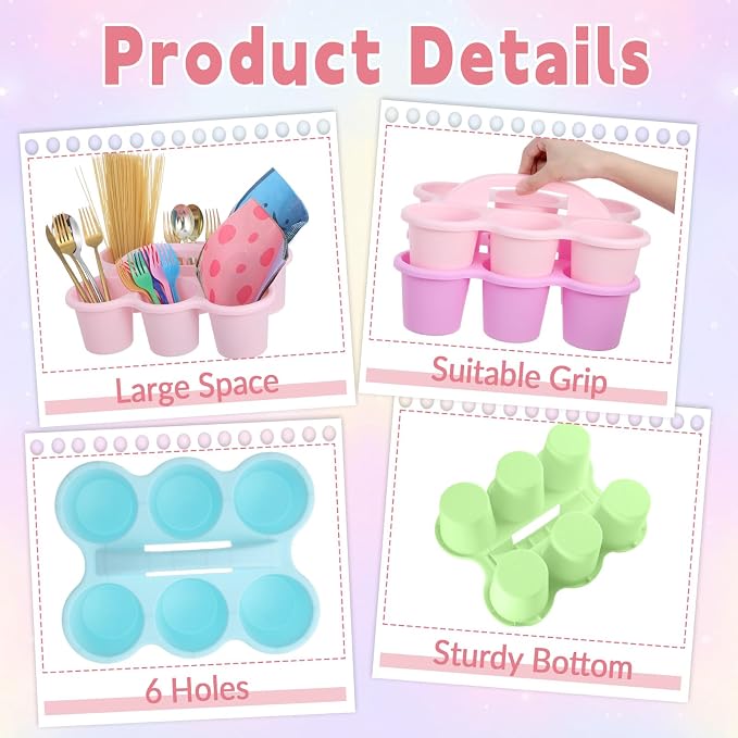 6 Pack Classroom Caddy Organizer with Handle Pastel Plastic Table Caddy Drink Cup Caddies Holder 12x9x3.5 Inches Storage School Supplies 6 Compartments for Table Crayon Pencil Cup Marker Craft