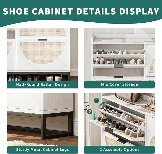Flip Drawer Shoe Cabinet, Slim Narrow Entryway Storage Furniture with Hidden Flip-Open Organizer, Engineered Wood & Veneer Construction, 4 Drawer, White