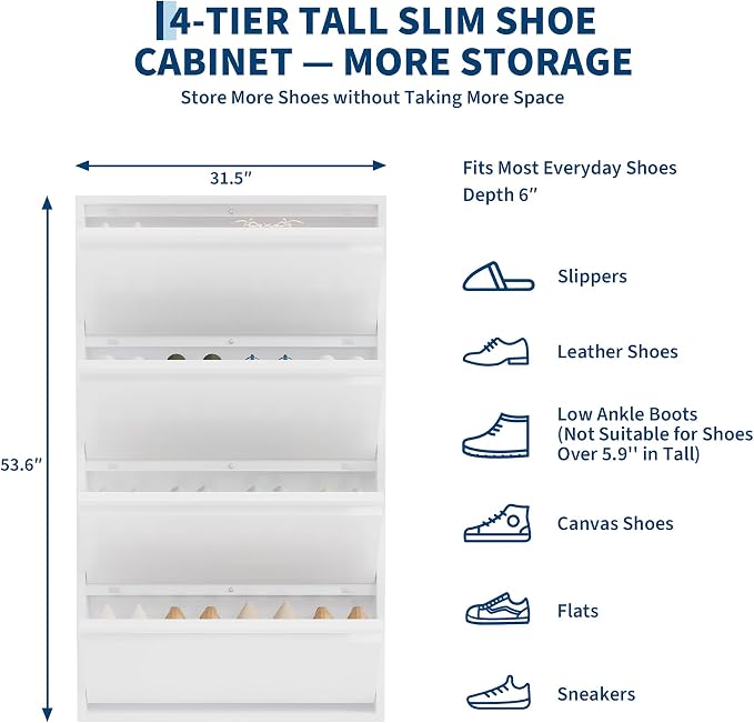 Garvee Slim Metal Shoe Cabinet with 4 Flip Drawers, Narrow Shoe Storage for Entryway, Wall Mounted or Floor Standing, Detachable Bottom Corners for Flexible Placement, Anti-Tip Safety Wall Mount