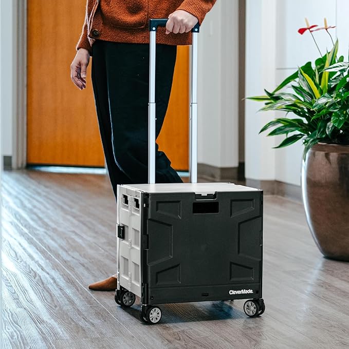 CleverMade Collapsible Rolling Cart with Handle (55L, 4-Wheel) – Folding Rolling Cart, Collapsible Crate with Wheels for Teachers, Travel, Groceries, Storage – Holds 100 lbs, Black