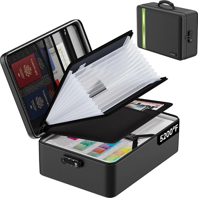Fireproof Document Bag with Lock for Legal/Letter Files, Black | 5200℉ Fireproof Important Document Organizer with Waterproof Zipper, Large Portable Safe for Home Travel Office, Soft