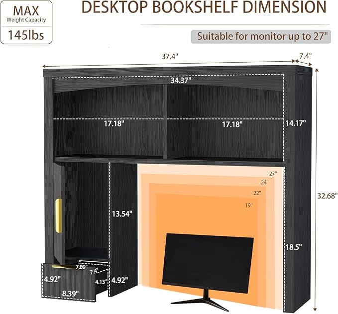 Desk Hutch Shelf, Desktop Shelf Organizer 37 inch Wide Desktop Bookshelf 2-Tier Wood Hutch Bookcase Organizer with Drawer Dorm Table Shelves Desk Shelves Office Bookshelf with Storage-Black
