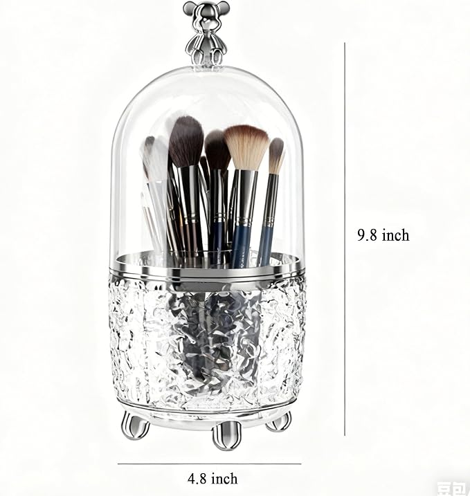 Dezzer Makeup Brush Holder with Lid, 360 Rotating Dustproof Make Up Organizers, 6 Slot Make up Brush Holder for Vanity Bathroom Countertop Office, Clear