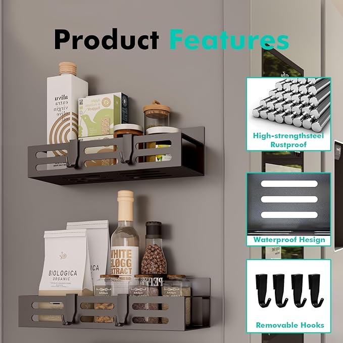SETBAOO 6 Pack Magnetic Spice Rack for Refrigerator Set, Black Magnetic Shelf and Fridge Kitchen Cabinet Organizers Storage Seasoning Organization Mini Shelves.