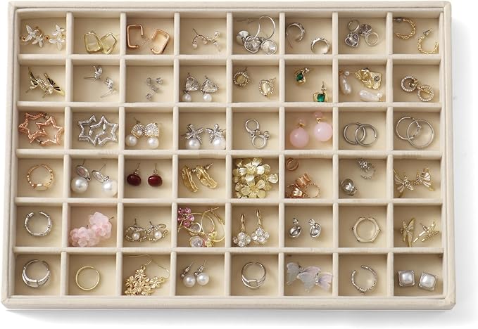 Large Jewelry Organizer for Drawer Insert Velvet Stackable Jewelry Trays for Earring Necklace Bracelet Ring Display (Beige, 48 Grids)