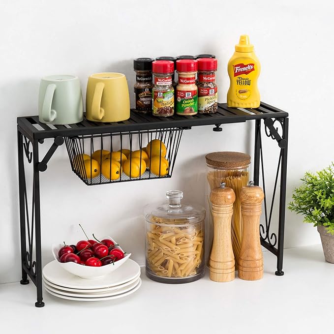 MyGift Expandable Black Metal Over Sink Shelf with Pull Out Drawer | Kitchen & Bathroom Organization, Countertop Space Saver, Adjustable Design, Hidden Drawer, Decorative Scrollwork Accent