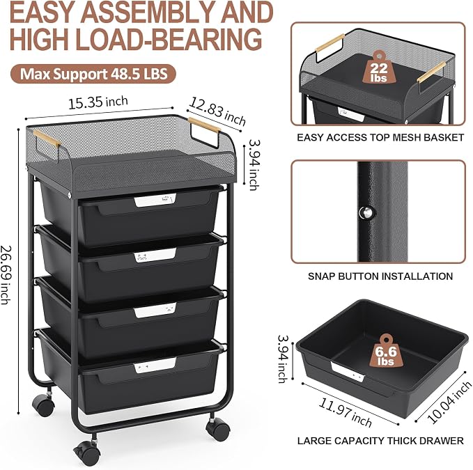 SYKIARIOL 4-Drawer Rolling Storage Cart with Mesh Top, Utility Craft Organizer Cart on Wheels with DIY Labels, Rolling Drawer Cart for Home Office Classroom Bedroom, Black