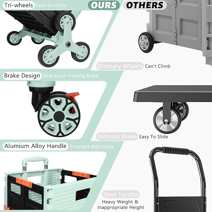 FELICON SELORSS Folding Utility Cart Portable Rolling Crate Handcart with Stair Climbing Wheels&360°Swivel Wheels Telescoping Handle Plastic Box Dolly for Travel Shop Move Office Teacher Use(Green)