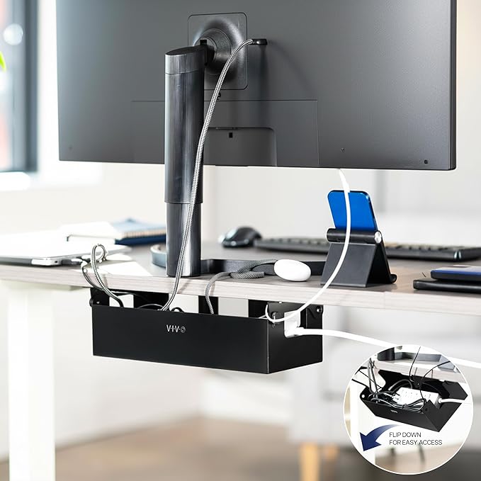 VIVO Flip-Open 16 inch Under Desk Cable Management Holder, Under Standing Desk Steel Cord and Power Strip Organizer, Black, Desk-ACCBM1