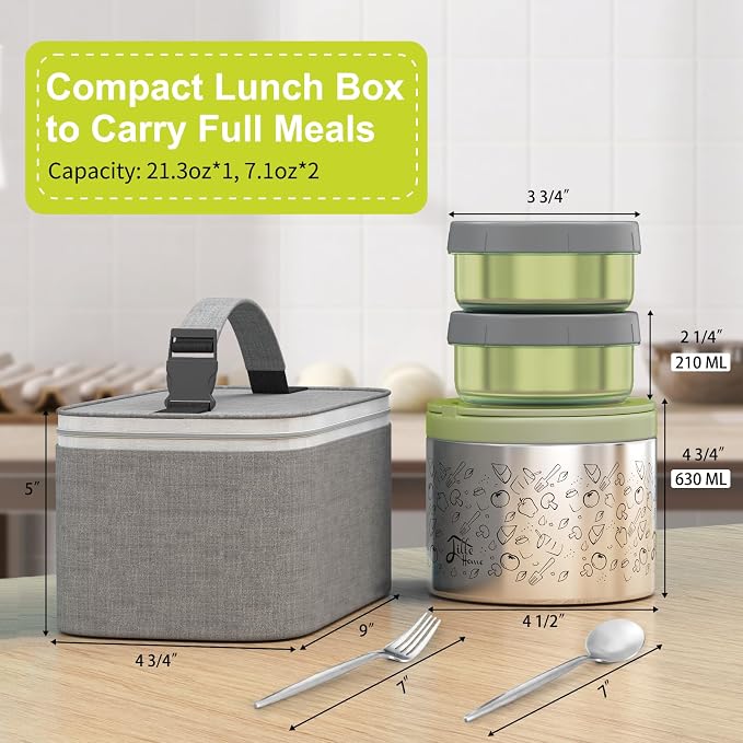 Lille Home Stainless Steel Thermal Lunch Box Set with Lunch Bag and Cultery | 22 Oz Vacuum Insulated Lunch Bento Box, to Keep Food Warm/Cool, 2 Small Food Container for Snack, Fruits and Sauces (Green)