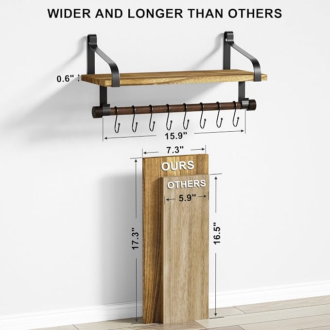 Love-KANKEI 17.3"Floating Wall Shelf Solid Wood,Coffee Bar Carbonized Black | Spice Rack,Towel Bar/8 Hooks,40 Lbs/shelf,Easy to Install,For Kitchen,Bathroom,Living Room,Bedroom,Office,Entryway Display