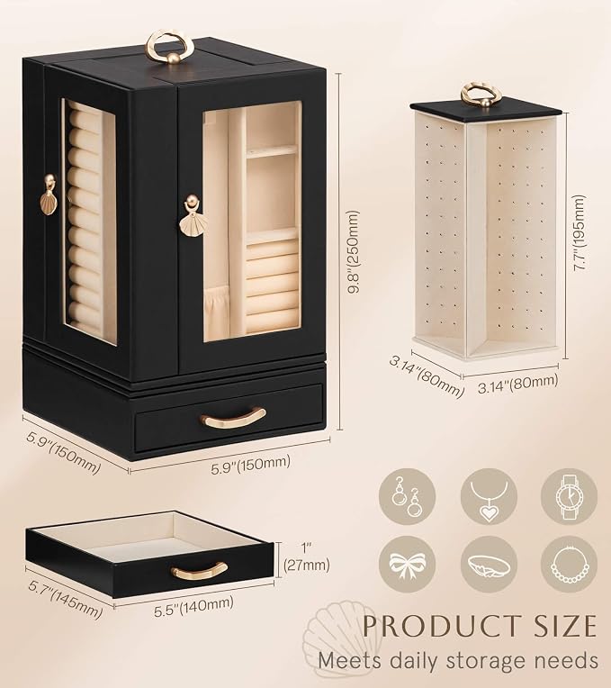 Enthralite Luxury Jewelry Box for Women: 360° Rotating with Clear Window | Compact Jewelry Storage with Drawer - Necklace Ring Organizer with Compartments - Elegant Earring Holder Display Great Gift