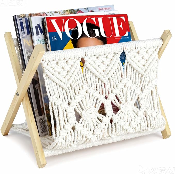 Boho Macrame Magazine Holder,Hand-Woven Magazine Rack for Home Office | Multifunctional Storage Basket for Letters, Magazines, Books and Newspapers